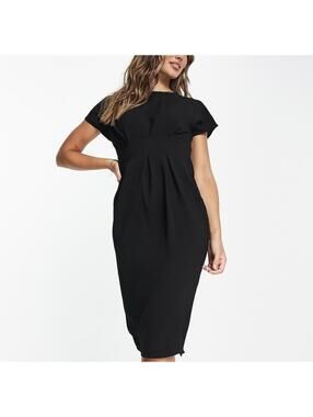 ASOS Black Midi Dress Women’s Size 12 Nipped Waist Short Sleeve NWT